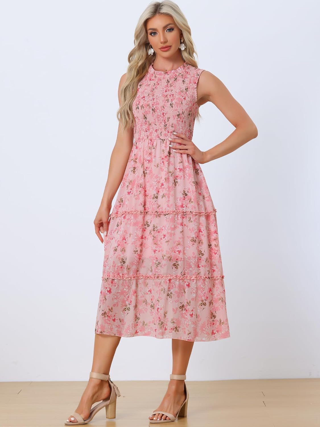 Allegra K Sleeveless Floral Dress for Women's Ruffles Crew Neck Chiffon Smocked Dresses - Image 3