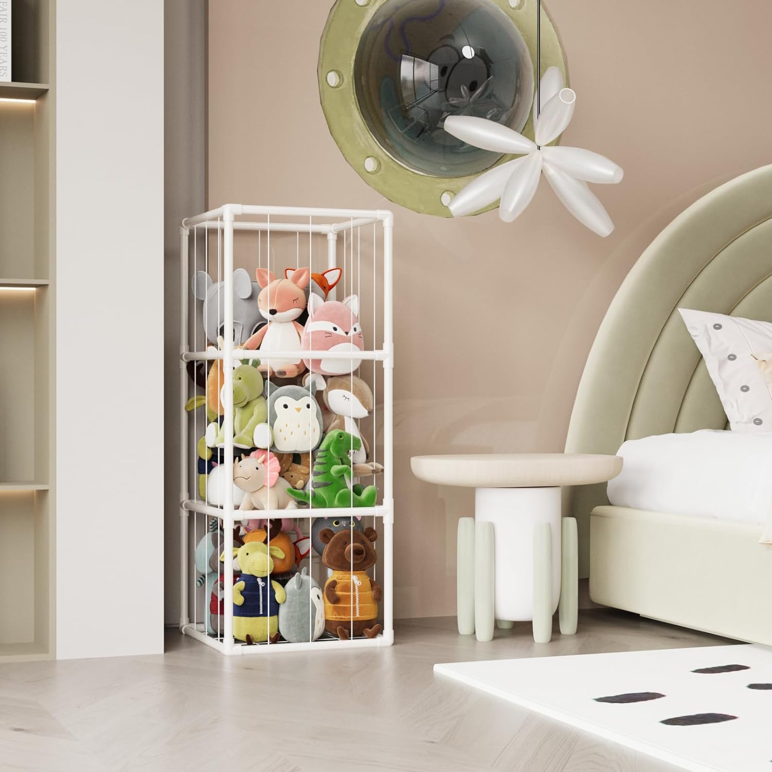 Nastopee Knuffeldier opbergen, knuffeldier, opslag van metaal, 68 x 28 x 75 cm, groot pluche dier met wielen, groot speelgoedmeubel voor kinderkamer, speelkamer