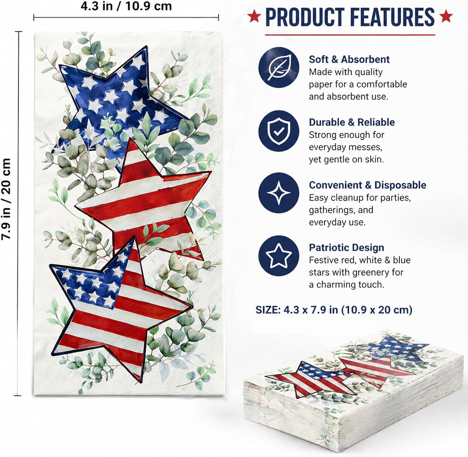 100Pcs Patriotic Paper Napkins - 4th of July Disposable Hand Towels with American Flag Star Eucalyptus, Guest Dinner Napkins for Memorial Day Independence Day 250th Anniversary Party