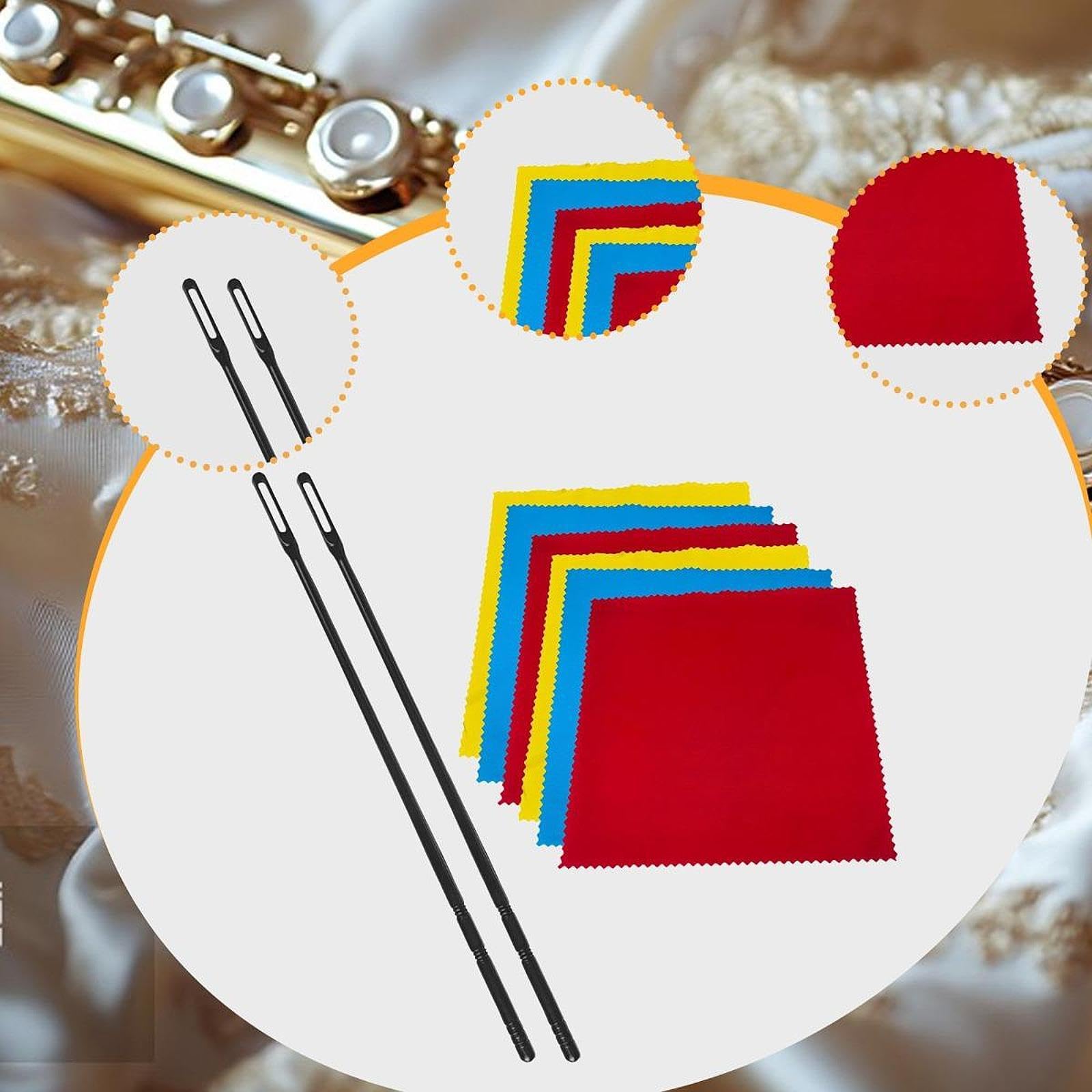 DYNWAVE Flute Cleaning Kit 6Pcs Cloths and 2Pcs Rods for Woodwind Instrument Flute Cleaner Polishing Cloth Practical Easy to Use, 3 Colors