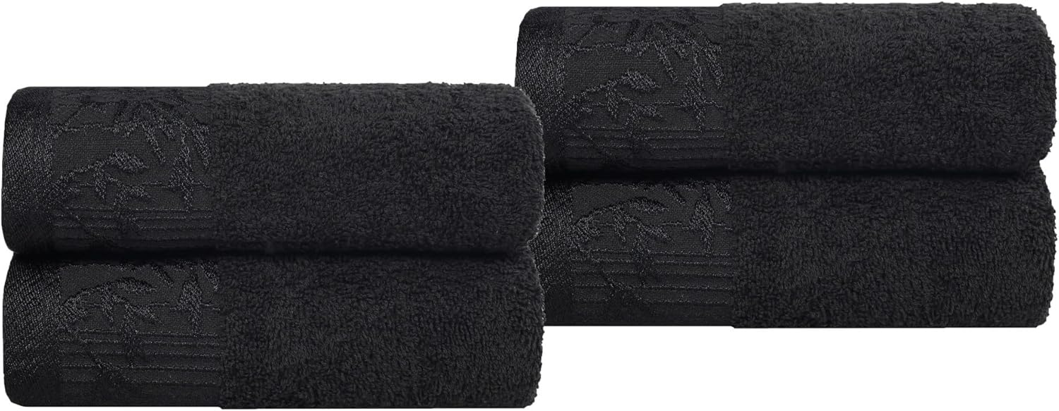 Superior Cotton Hand Towels, Set of 4, Floral Jacquard Dobby Border, Plush, Soft Towels for Gym, Bathroom, Guest Bath, Kitchen, Decor, Home Basics, Daily Drying, Wisteria Collection, Black/Black