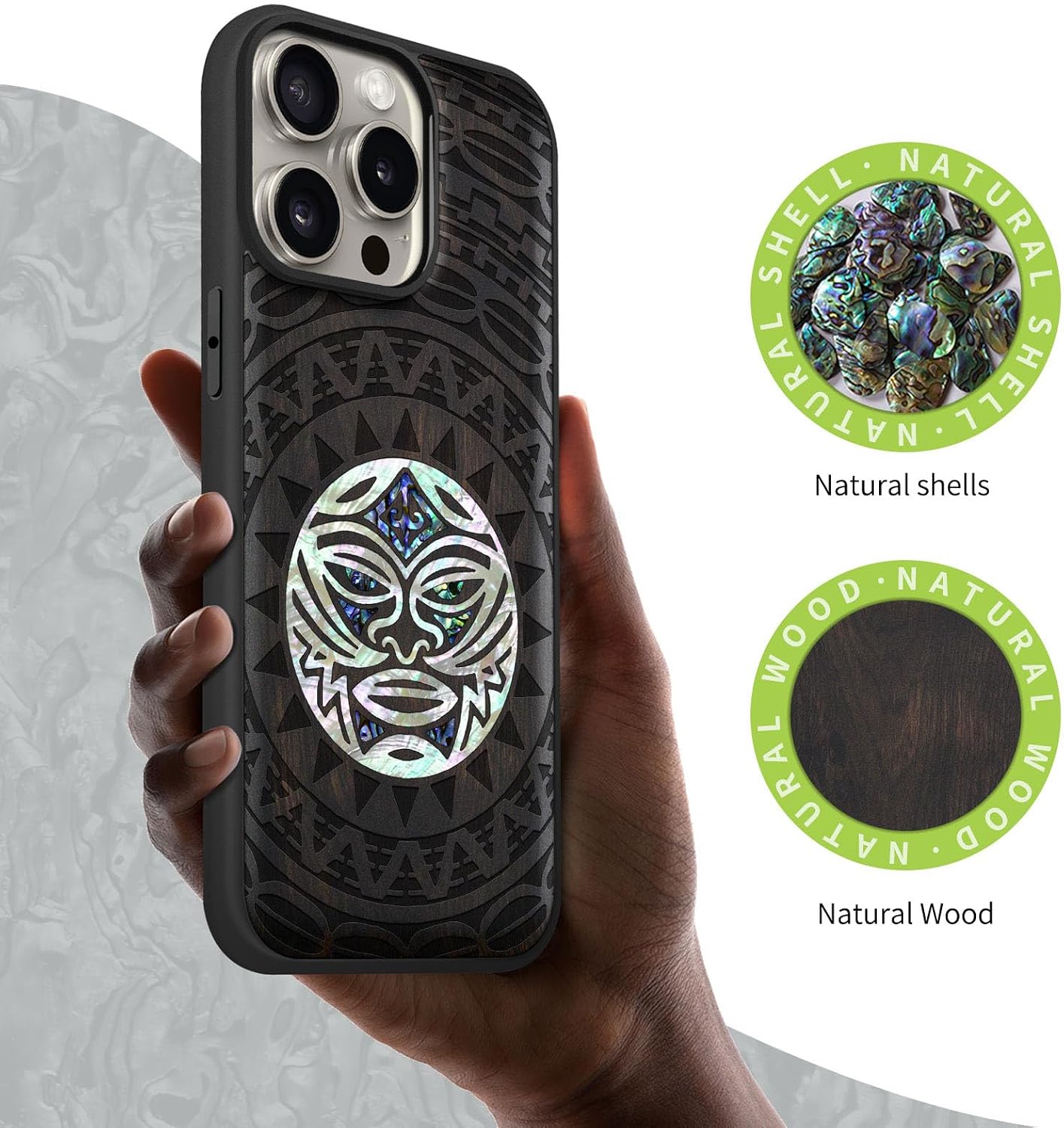 Carveit Wooden Case for iPhone 15 Pro Max Magnetic Case, Compatible with MagSafe Wireless Chargers, Shockproof Cover, Handmade Shell Inlaid & Wood Artisan Engraved (Maori Moko Mandala-Blackwood)