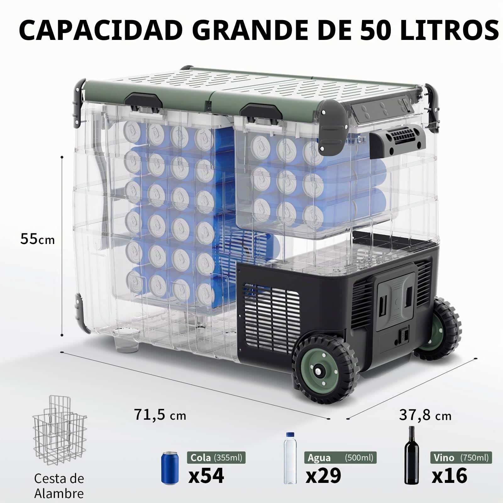 AAOBOSI 50L Nevera Portatil Electrica, Doble Zona, Nevera Coche con APP, Iluminación LED, 12/24V y 100-240V, Puerto de Carga USB, -20°C a 20°C, Nevera 12V con Compresor para Viajes al Aire Libre