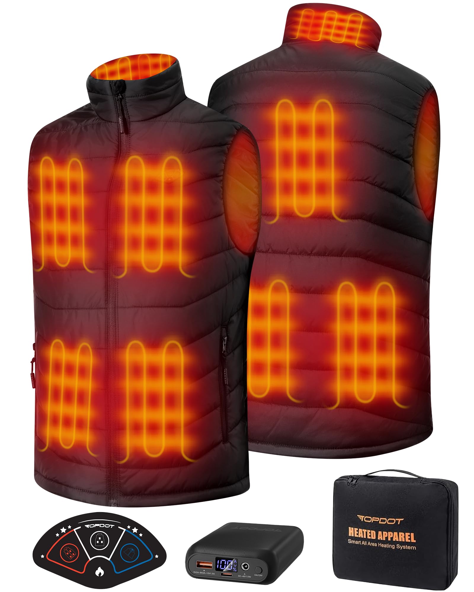 Topdot Gilet Riscaldato Uomo con Batteria 7.4V 16000mAh, 8 Zone di Riscaldamento, Giubbotto Riscaldata Elettrico 3 Temperature, Giacca Riscaldata Invernale per Sciare All'aperto Moto Pesca