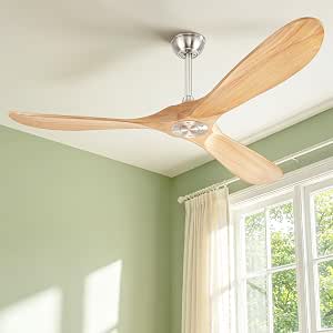 60” Wood Ceiling Fan with Remote Control, No Light, Outdoor Suitable, Brushed Nickel Finish