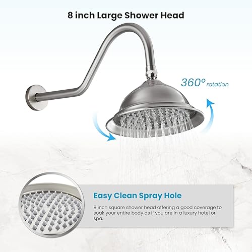 Miniatura 5 de gotonovo Cabezal de ducha vintage de 8 pulgadas, montaje en pared, sistema de grifo de ducha de baño de níquel cepillado, pulverizador de mano con