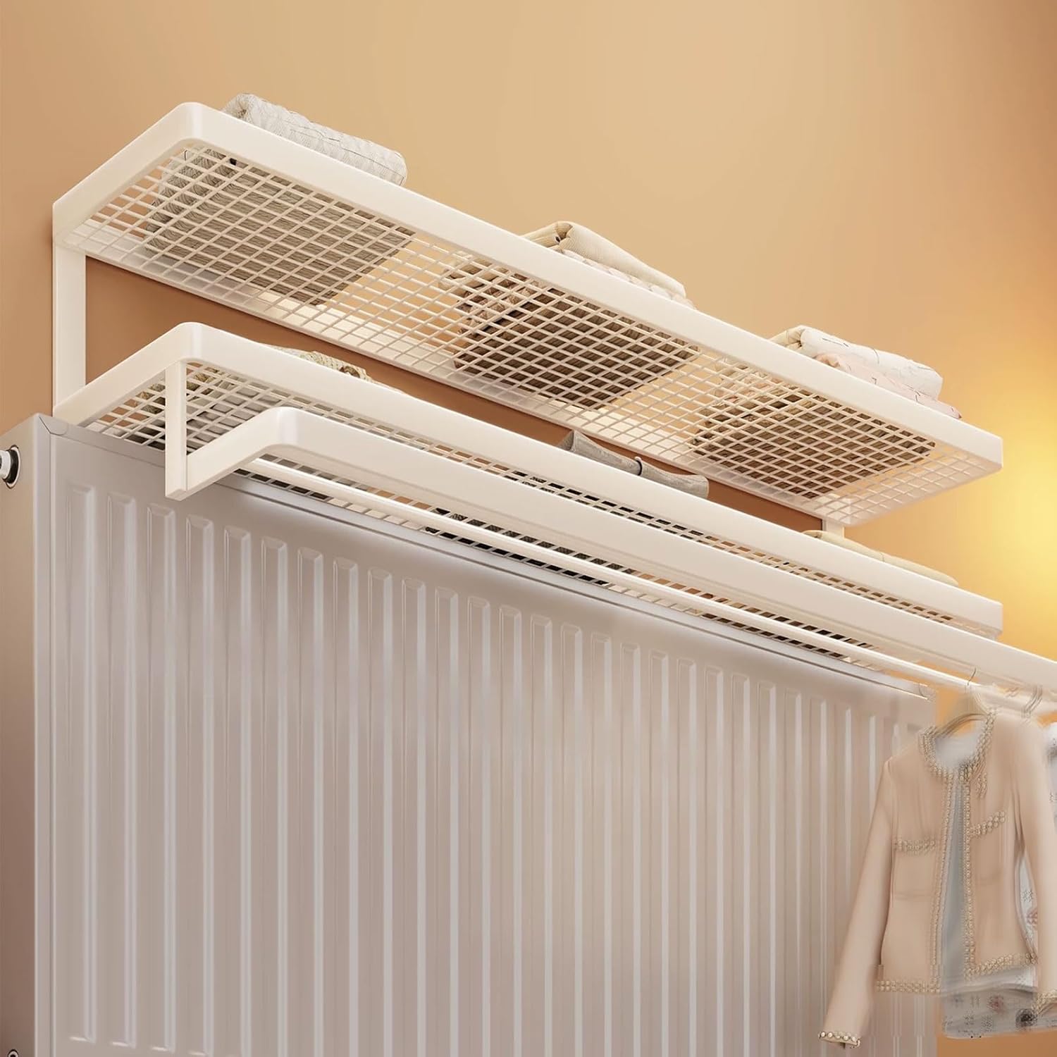 No Drilling Wrought Iron Radiator Shelf - Multifunctional Layered Storage Rack, Strong Load-Bearing, Hollow Design for Living Room, Bedroom, Office - White (40x23x19cm)