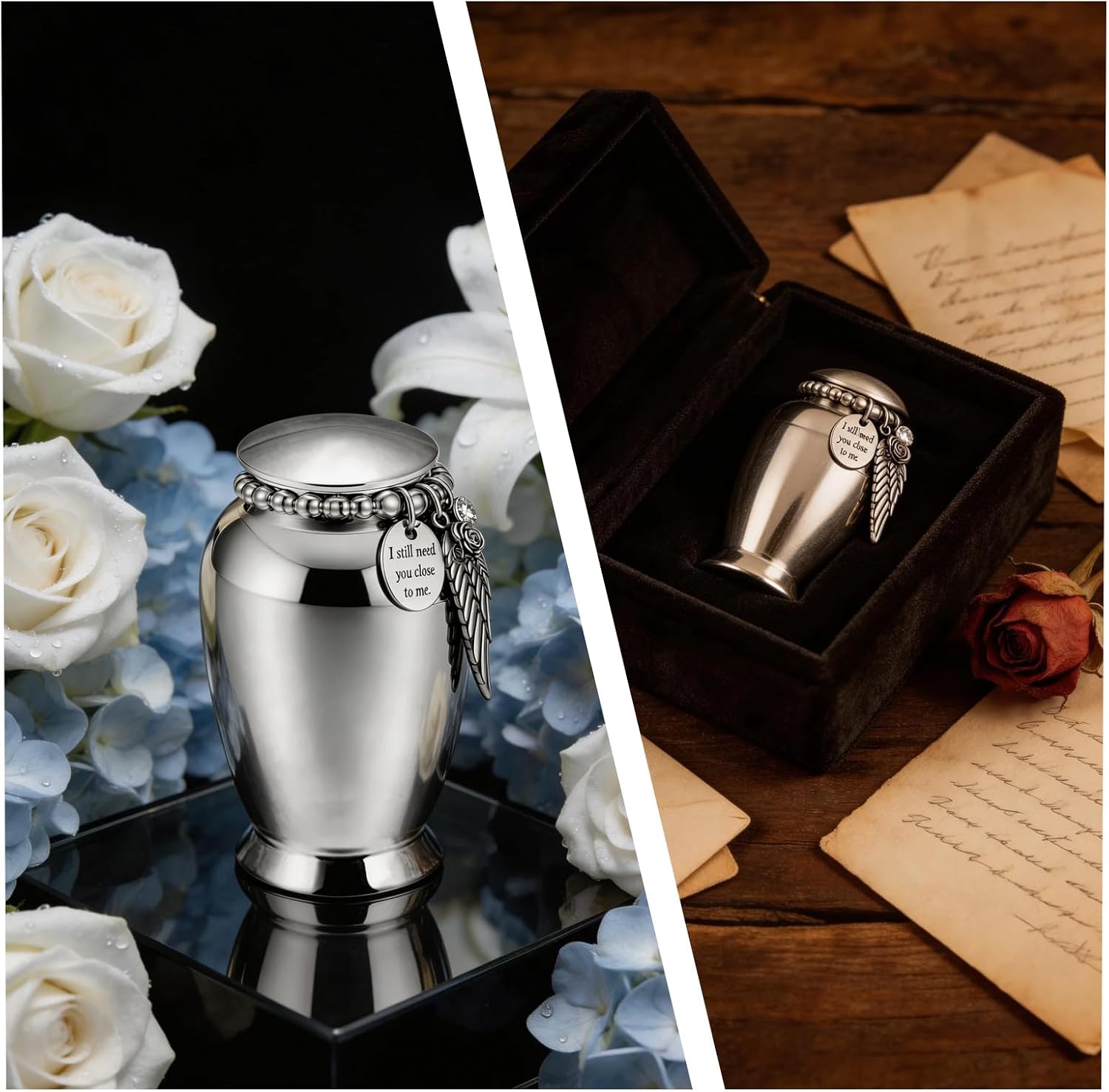 Small Urns for Human Ashes, Small Urn with Angel Wing & Pearl Decor, Memorial Keepsake Urn for Pet & Loved One, Portable Mini Cremation Urn for Ashes Storage