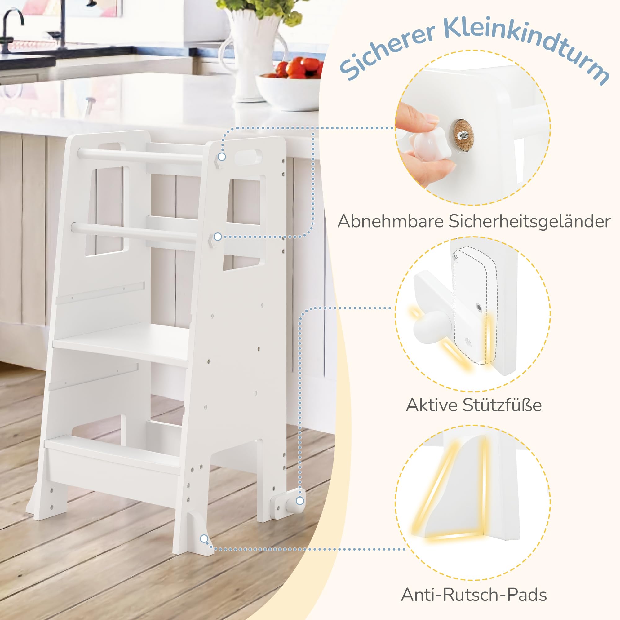 LUE BONA Lernturm für ab 1 Jahr,Kinderküchen Tritthocker mit Sicherheitsschienen,höhenverstellbarer Lernturm mit Sicherheitsschiene für Bad,Kinderzimmer, Küchentisch,Schlafzimmer,Weiß
