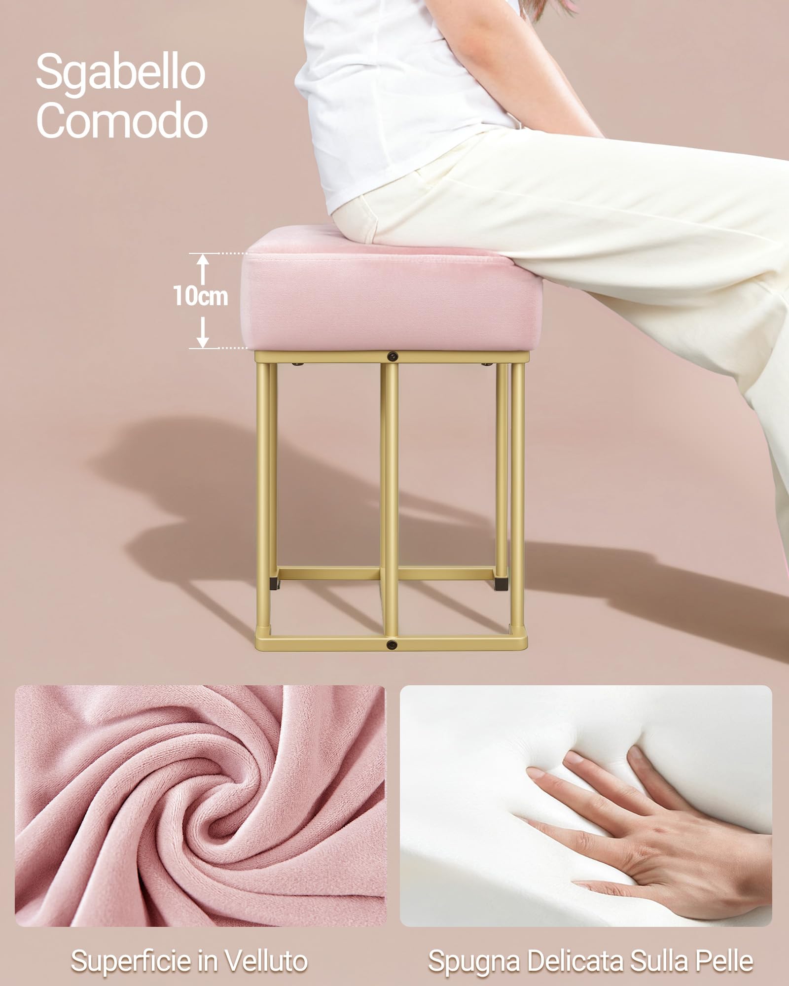 Hzuaneri toeletta trucco con Sgabello e Illuminazione, toeletta da trucco con specchio, Sgabello imbottito rosa, con Cassetti, 40 x 90 x 140 cm, Bianco Opaco e Oro DT42403XEU