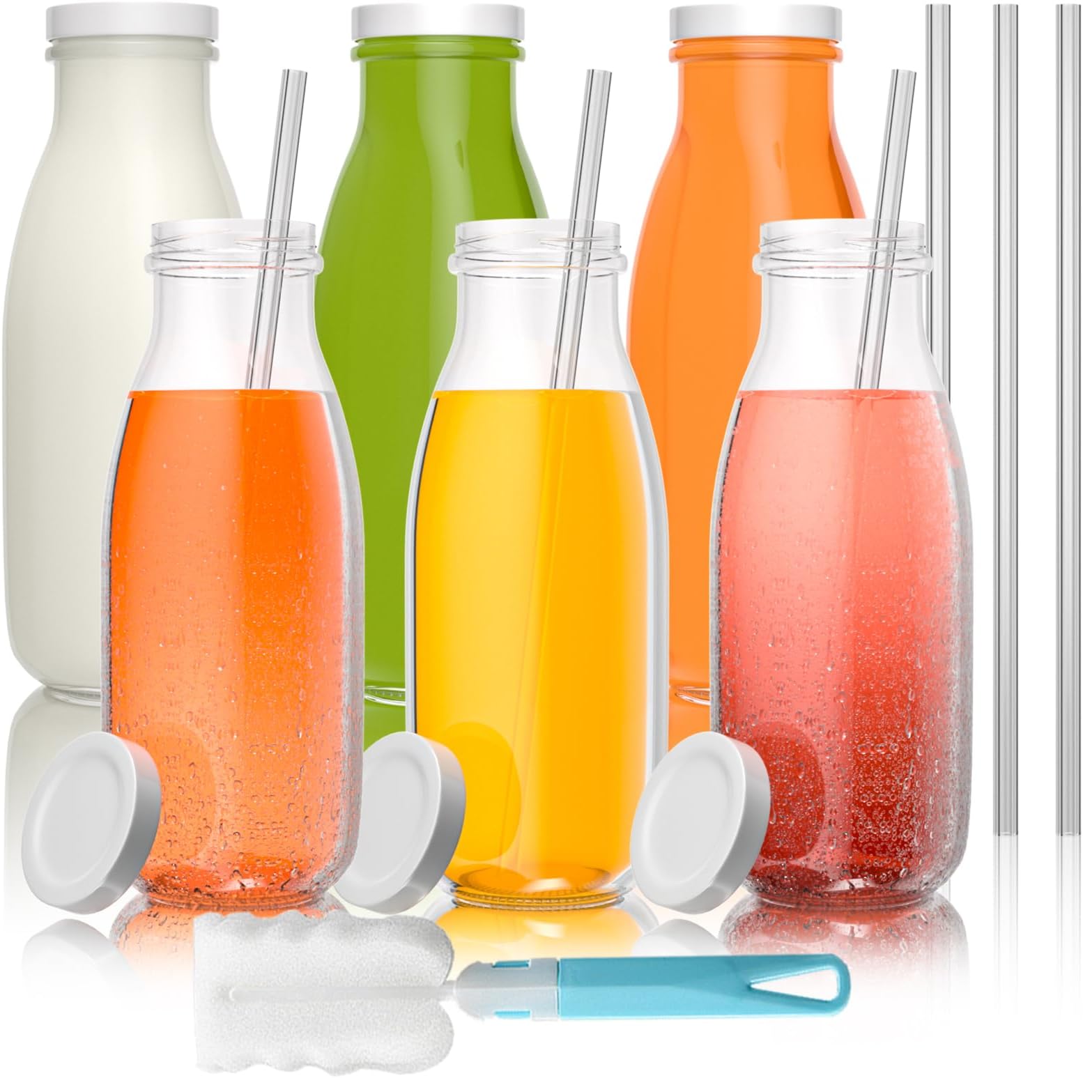 6 Pack 11oz 330ml Glass Milk Bottle with Metal Cap, Clear Glass Container for Juice, Milkshake, Smoothies, Water and More
