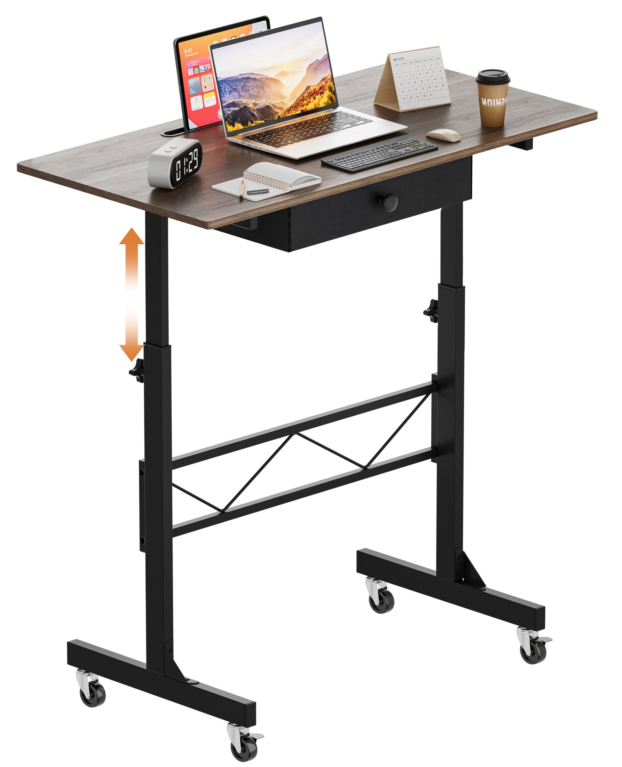 COMHOMA Standing Desk Adjustable Height &amp; Tiltable Tabletop, Portable Stand Up Desk for Laptop, Mobile Folding Desk for Home Office Work and Walking Pad Treadmill, Height 30.7"-46.4", Brown