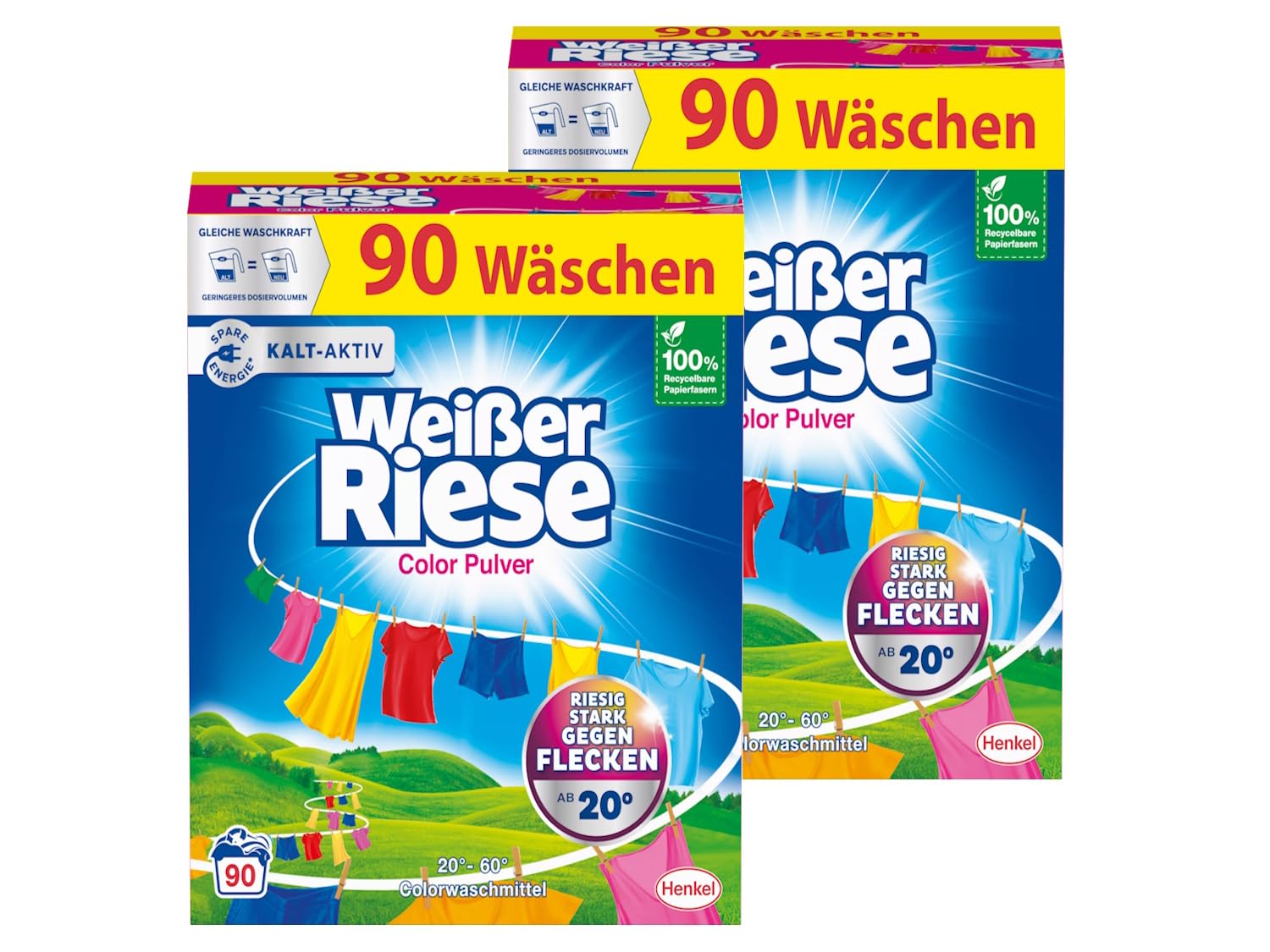 Weißer Riese Color Pulver 180 WL (2 x 90 Waschladungen), Color Waschmittel riesig stark gegen Flecken, Kalt-Aktiv schon ab 20° C, ergiebiges Waschpulver, ideal für Familien mit Kindern