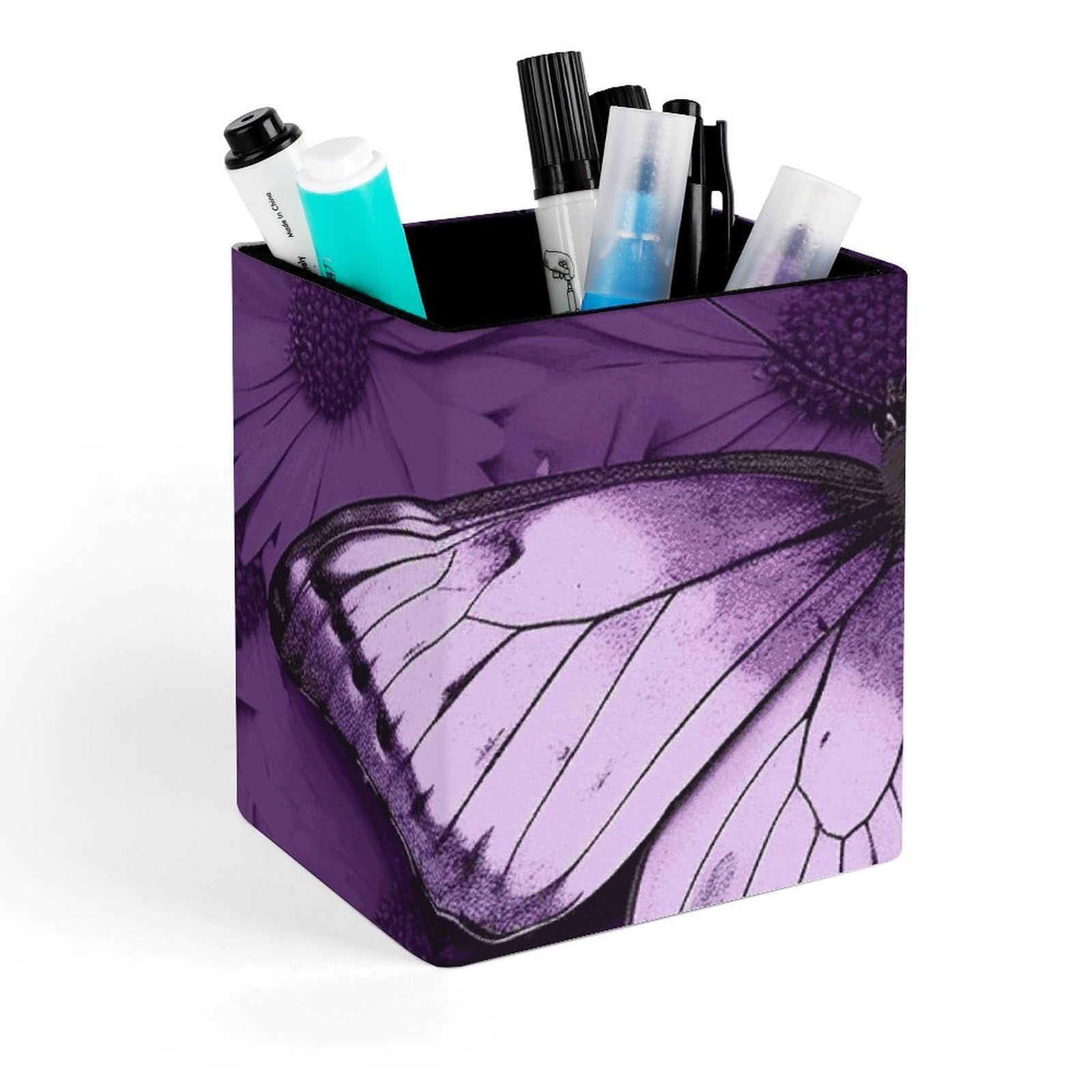 Porte-stylo en cuir rigide violet imprimé papillon pour ranger vos crayons
