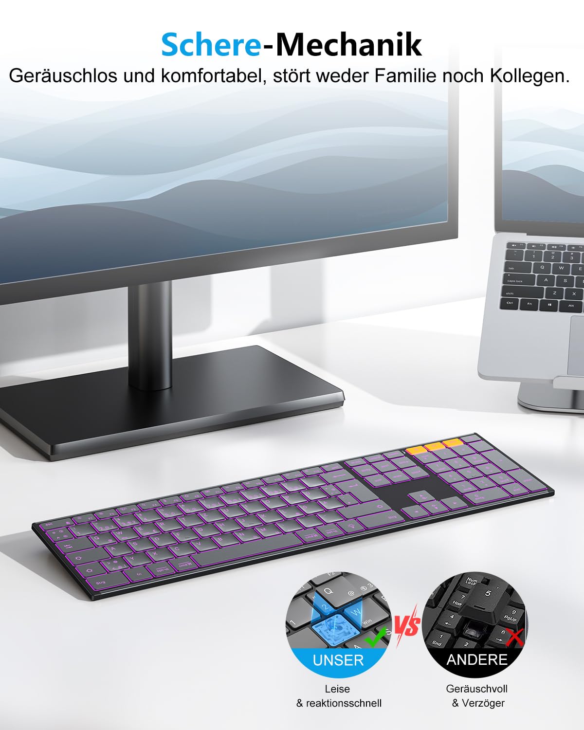 OMOTON Kabellose Tastatur Beleuchtet, Bluetooth + 2,4G, Graphit | Metallgehäuse, Wiederaufladbare, Multi-Device, Funktastatur Leise, Ergonomische, Deutsches QWERTZ Layout für Windows PC/MAC