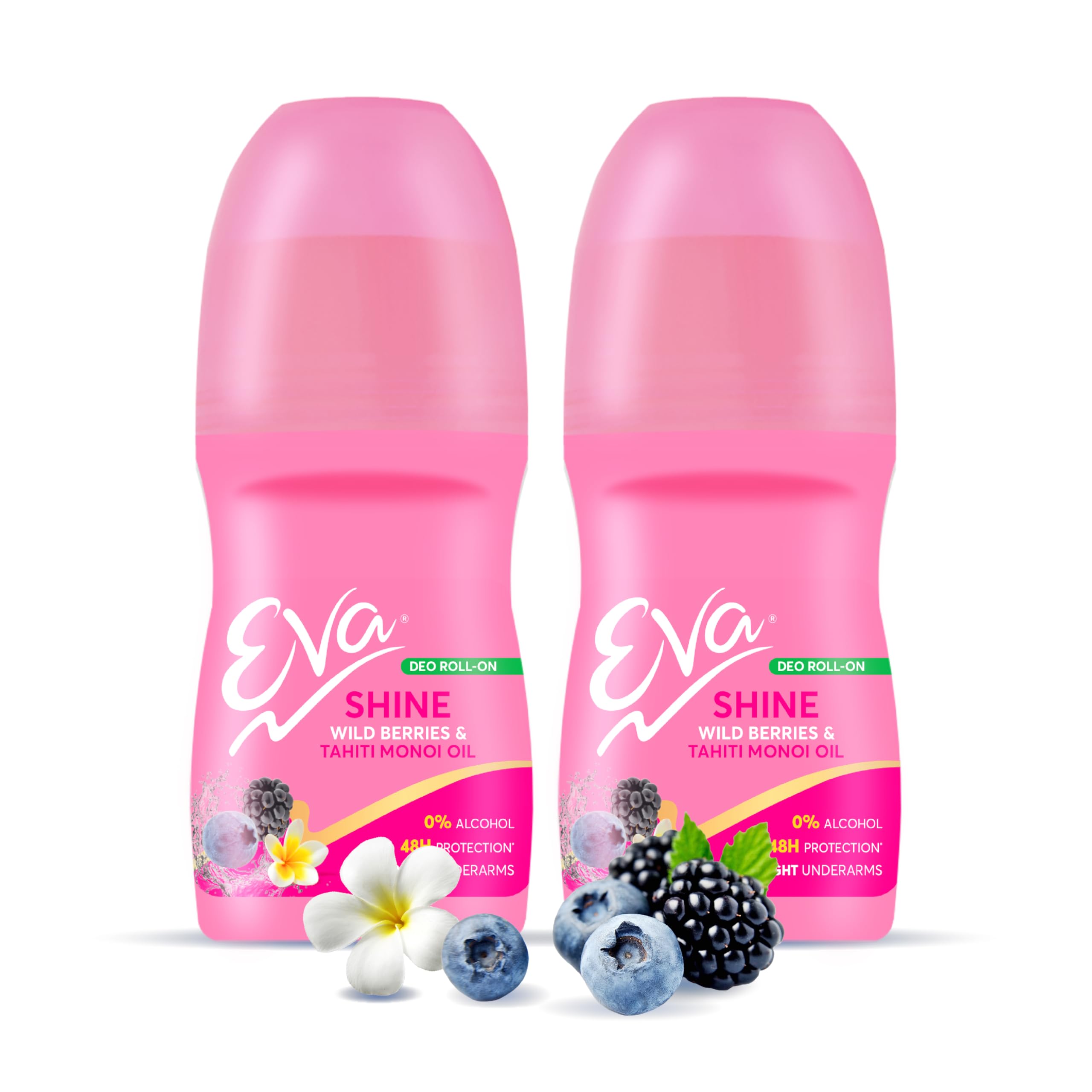 Eva Shine Deo Roll On with Wild Berries & Tahiti Monoi Oil | For Bright Underarms | Alcohol & Aluminium Free | For Women (50ml. pack of 2)