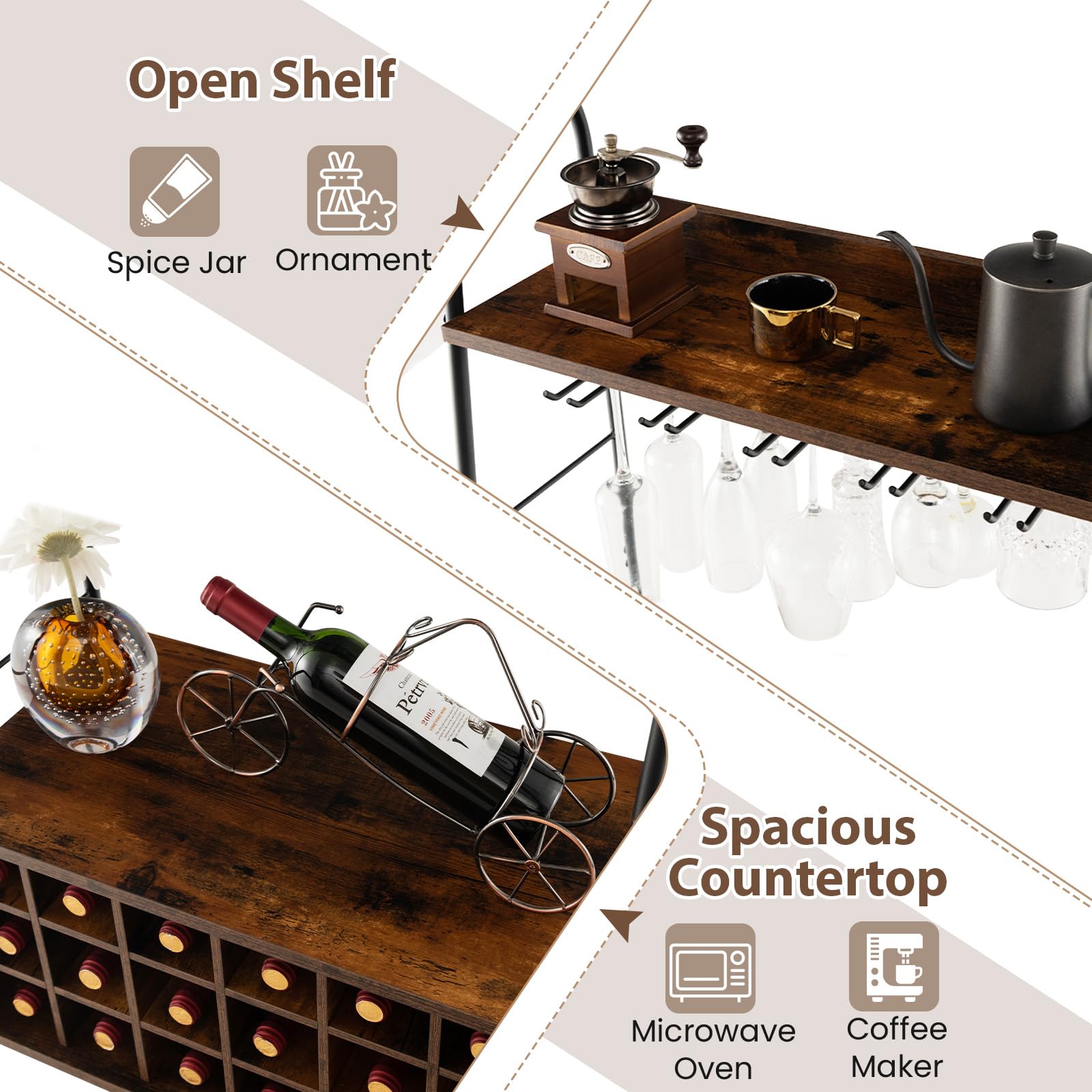 KOMFOTTEU Botellero para 18 Botellas, Estantería para Vino con Soporte para 15 Copas, Organizador de Botellas con Estantes Abiertos para Cocina, Comedor, Bar, 63 x 32 x 114,5 cm