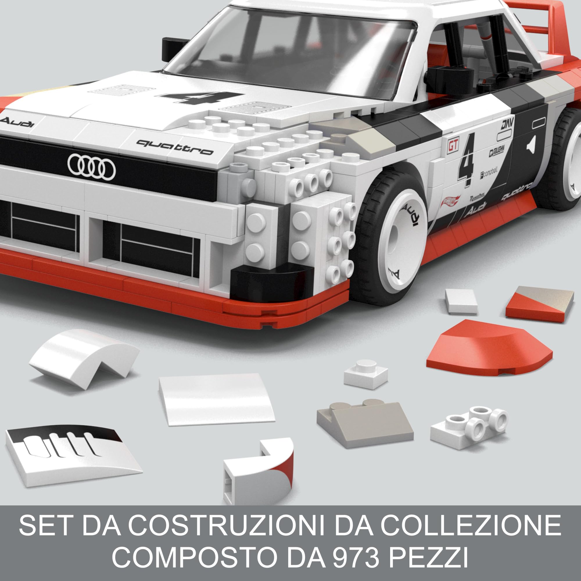 MEGA Hot Wheels - Audi 90 Quattro IMSA GTO, macchina da costruire con 973 pezzi e mini veicolo die-cast incluso, set per collezionisti da esporre, 18+ anni, HRY20