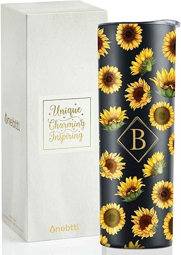 Miniatura 1 de Onebttl Regalos de girasol con inicial para los amantes del girasol, vaso de vino de acero inoxidable con inicial de 20 onzas con diseño de girasol,