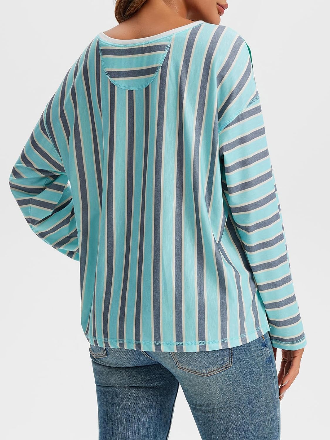 Tankaneo Womens Oversized Striped Shirts Color Block Crew Neck Sweatshirt Casual Loose Fit Long Sleeve Tops - Image 3