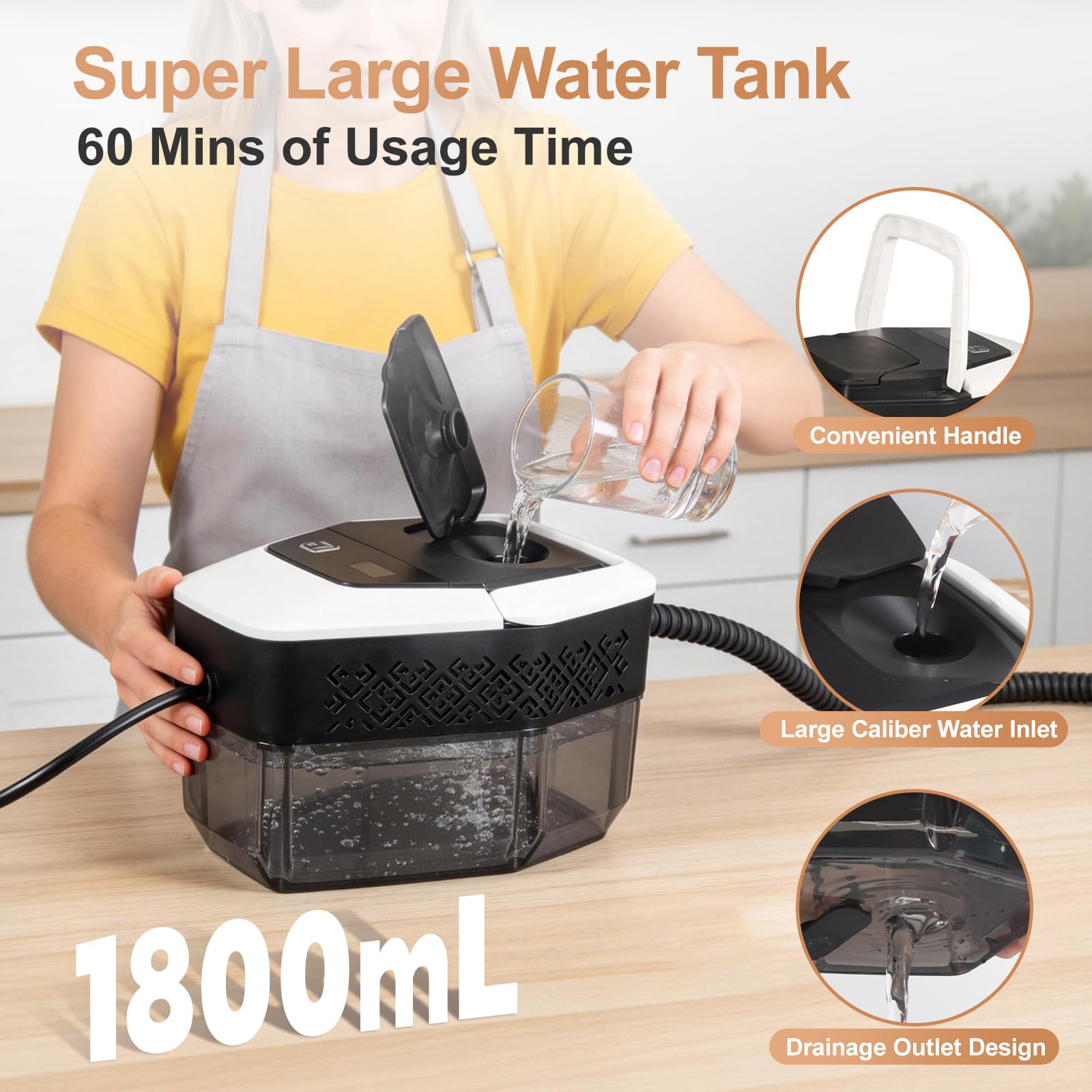 Pulitore a vapore casa portatile, 1500 W, a bassa pressione, riscaldamento rapido in 15s, serbatoio dell'acqua da 1,8 l, con 12 accessori per la pulizia di auto, bianco (Premere 3s per avviare)