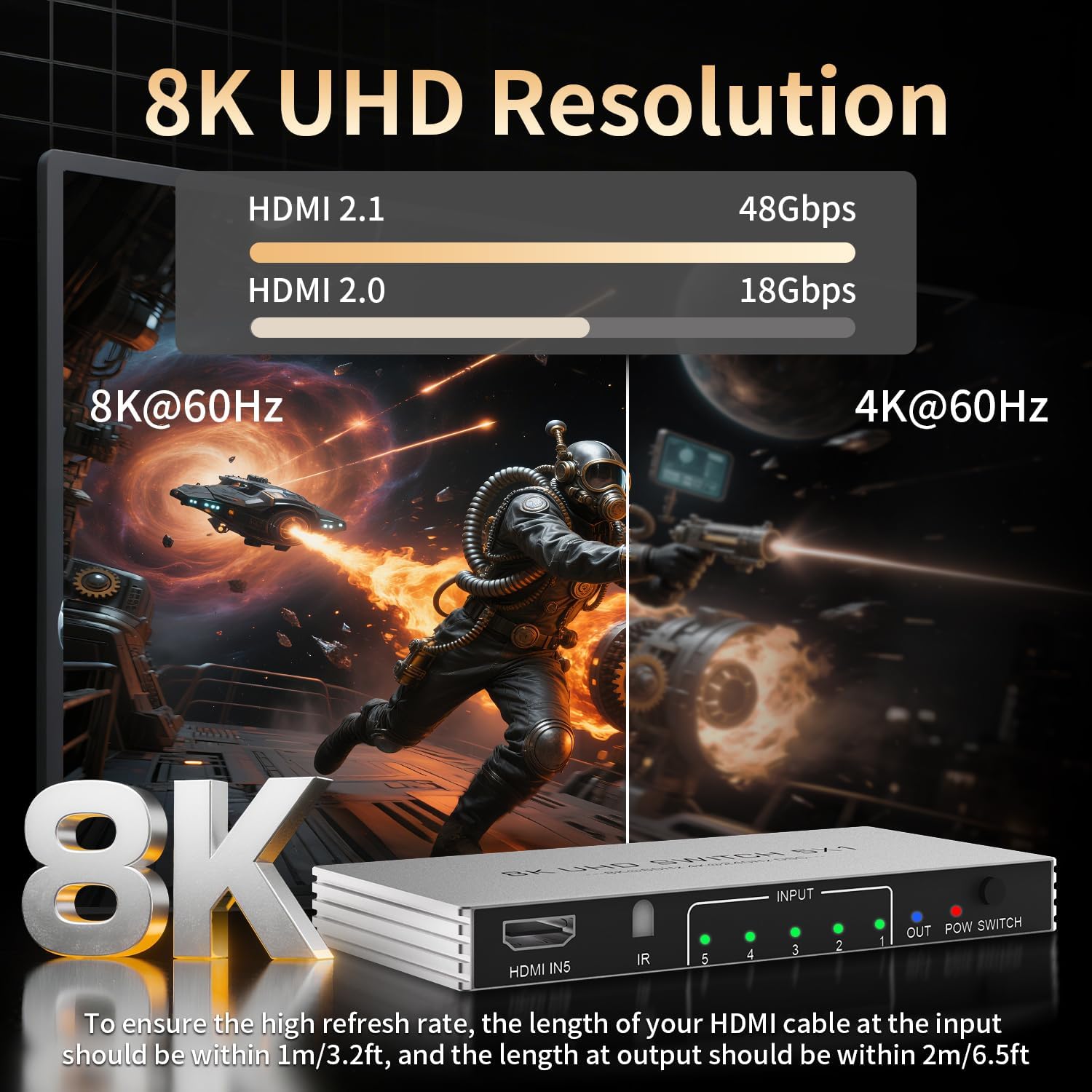 HDMI Switch 5 in 1 Out 8K@60Hz 4K@240Hz HDMI 2.1 Switcher Splitter Support HDR10+ HDCP 2.3 CEC with Power Adapter Compatible with PS5/4 Xbox Nintendo Switch Roku Apple TV Fire Stick - Image 3