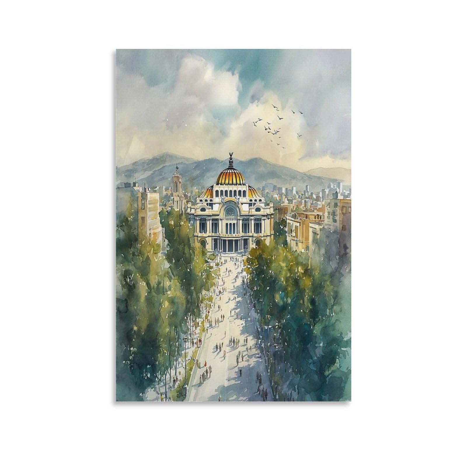 XWYMXZ Mexico City Watercolor 24x36inch(60x90cm) Vintage Travel Poster Watercolor Canvas Art