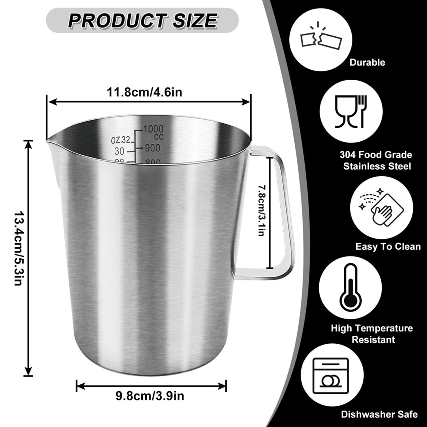 Lot de 3 verres doseurs en acier inoxydable de 1 l - Avec graduations en onces et ml - Passe au lave-vaisselle