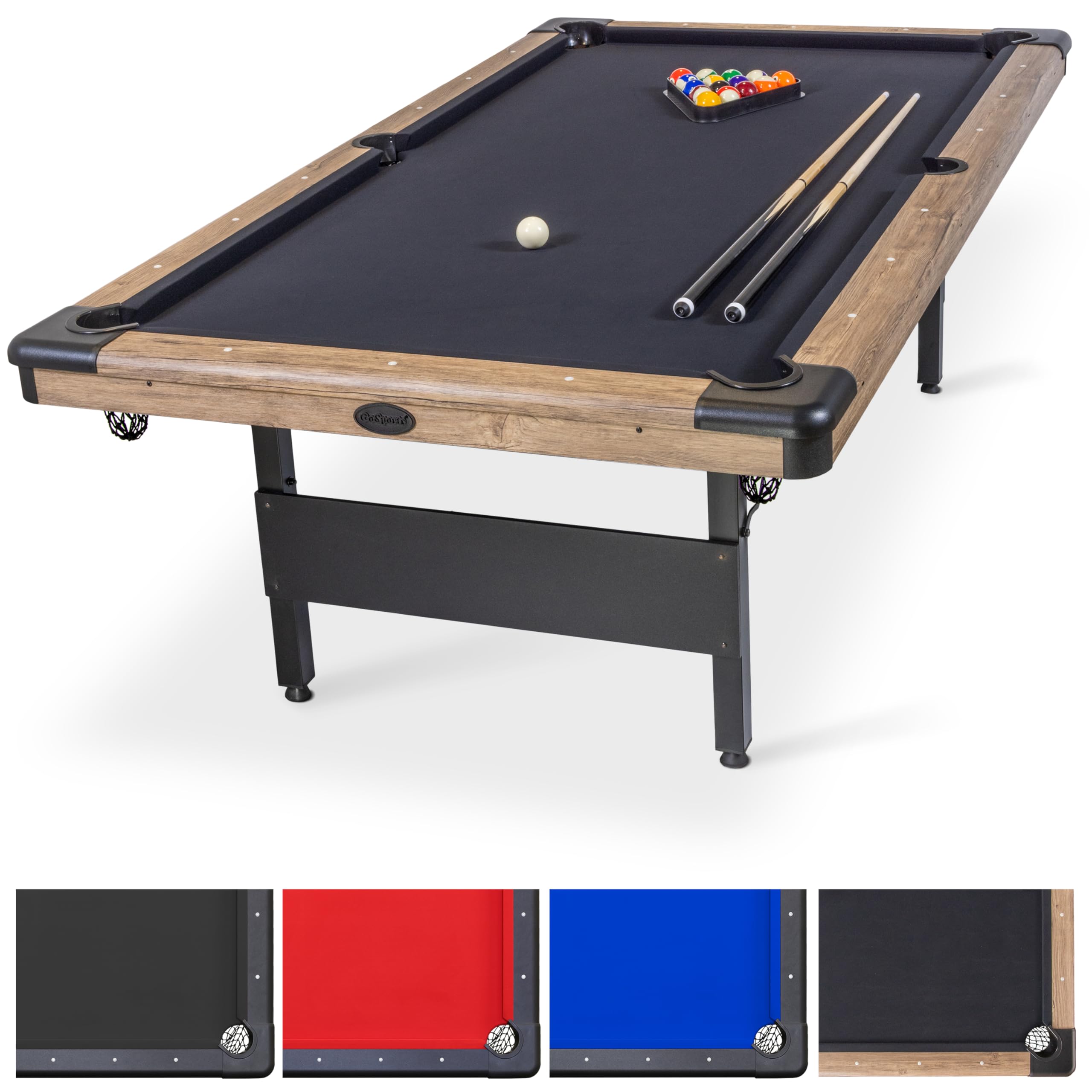 6, 7, or 8 ft Billiards Tables - No Assembly, Choose Your Color - Portable Pool Table Includes Full Set of Balls, 2 Cue Sticks, Chalk and Felt Brush