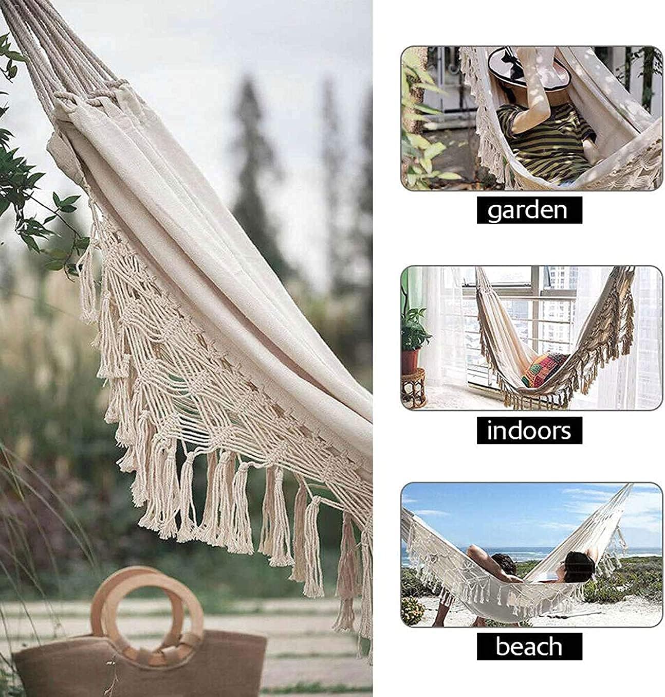 Portable Hammock Hanging Chair, Boho Style Double Comfortable Hanging Swing Chair with Storage Bag, for Home Outdoor Garden Hiking Camping White