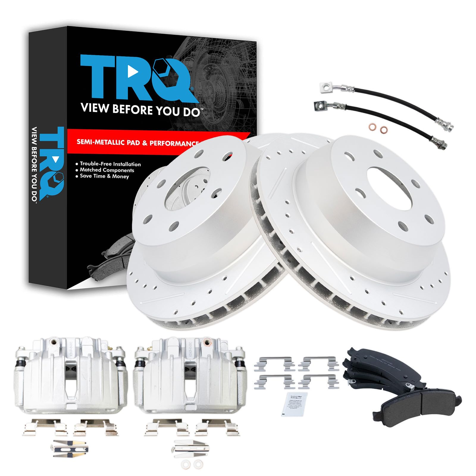 TRQ Performance Rear Brake Pad and Rotor Set Semi Metallic Slotted Drilled Coated Rotors Calipers Compatible with 2002 Chevrolet Avalanche 1500 Suburban 1500 Tahoe GMC Yukon Yukon XL 1500
