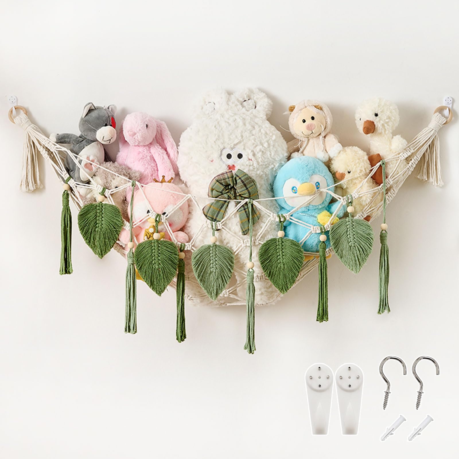 Pretty Jolly Stuffed Animal Hammock with Leaves and Tassels Moon Shaped Boho Macrame Wall Hanging Organizer, Hanging Stuffed Animal Storage, Nursery
