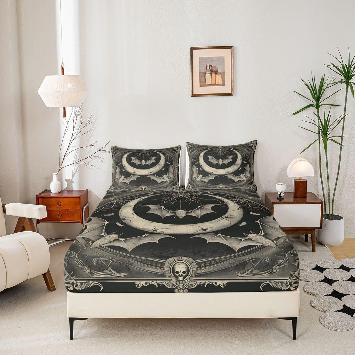 Goth Bat Bed Sheets Queen Halloween Moon Bats Fitted Sheet Boho Gothic Skull Bedding Set for Kids Boys Girls,Vintage Spider Web Bed Cover 3 Pcs