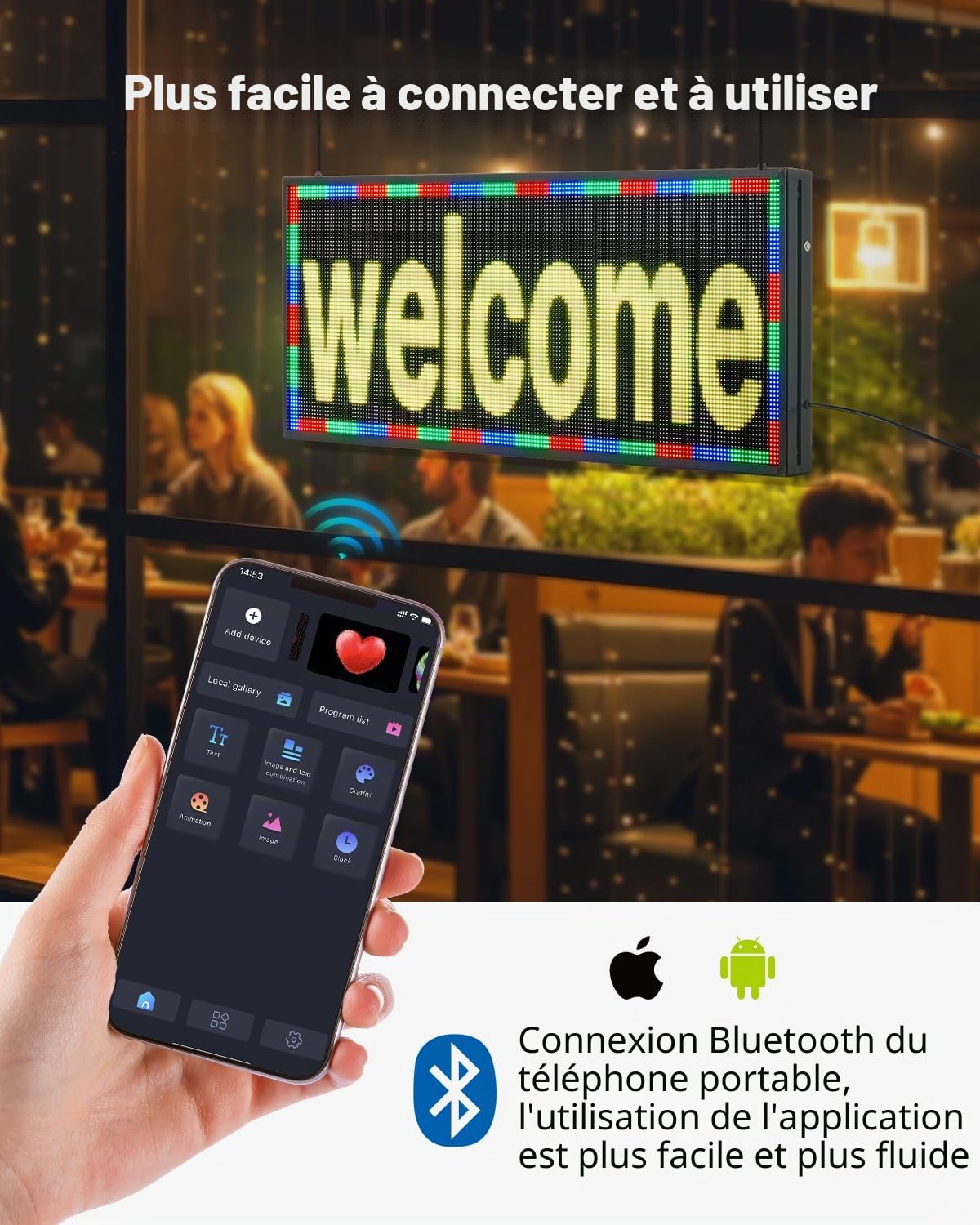VEVOR Enseigne Lumineuse LED Programmable 99x41,2 cm, Panneau d’Affichage Numérique Couleur Pleine P6, GIF à Motifs de Texte Personnalisés, Commande Bluetooth, Information Publicitaire Publicité