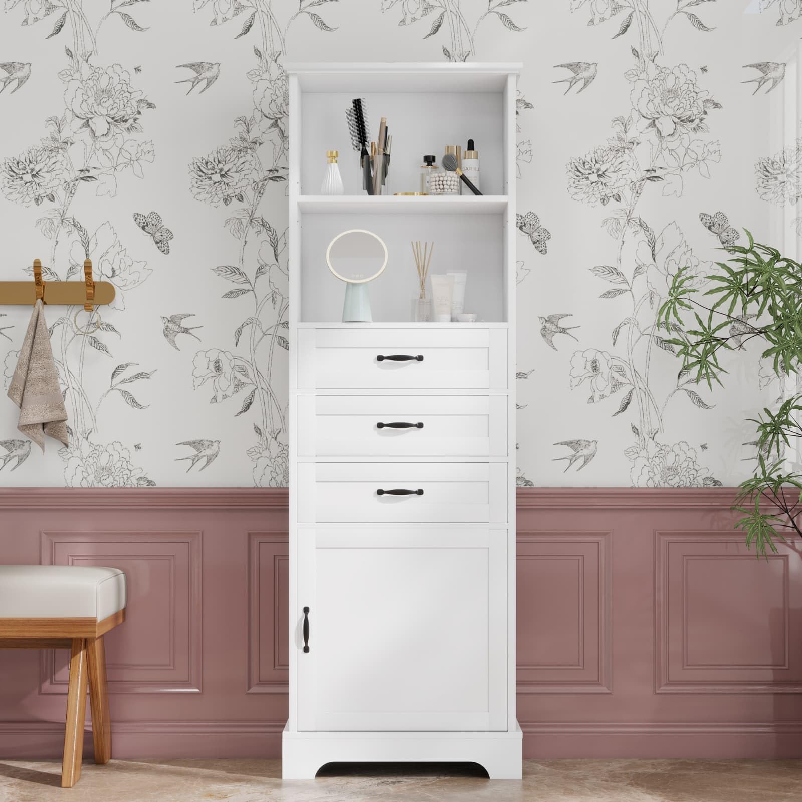 KOMHTOM Meuble d'angle Salle Bain 57.7x46x167.5cm Armoire Rangement 3 Tiroirs 1 Porte Étagères Ouvertes Gain Place Maison MDF Blanc(Blanc - 57.7x46x167.5 cm (Modèle d'angle))