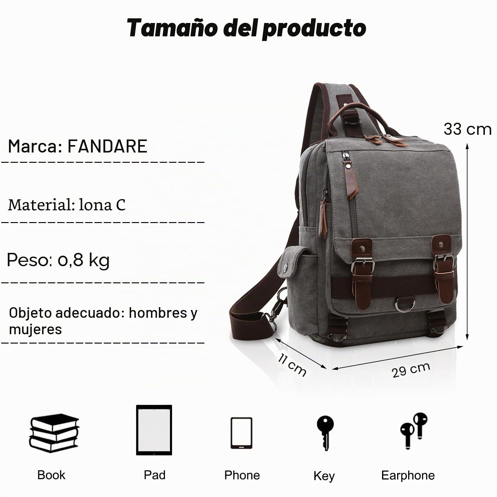 FANDARE Unisexo Bolso Pecho Lienzo Bolsos de Hombre Sling Crossbody Bag Mujer Bolsos Cruzados Bandoleras Cruzada Mochilas para Viaje Deportes Gimnasio Senderismo Ciclismo Montañismo