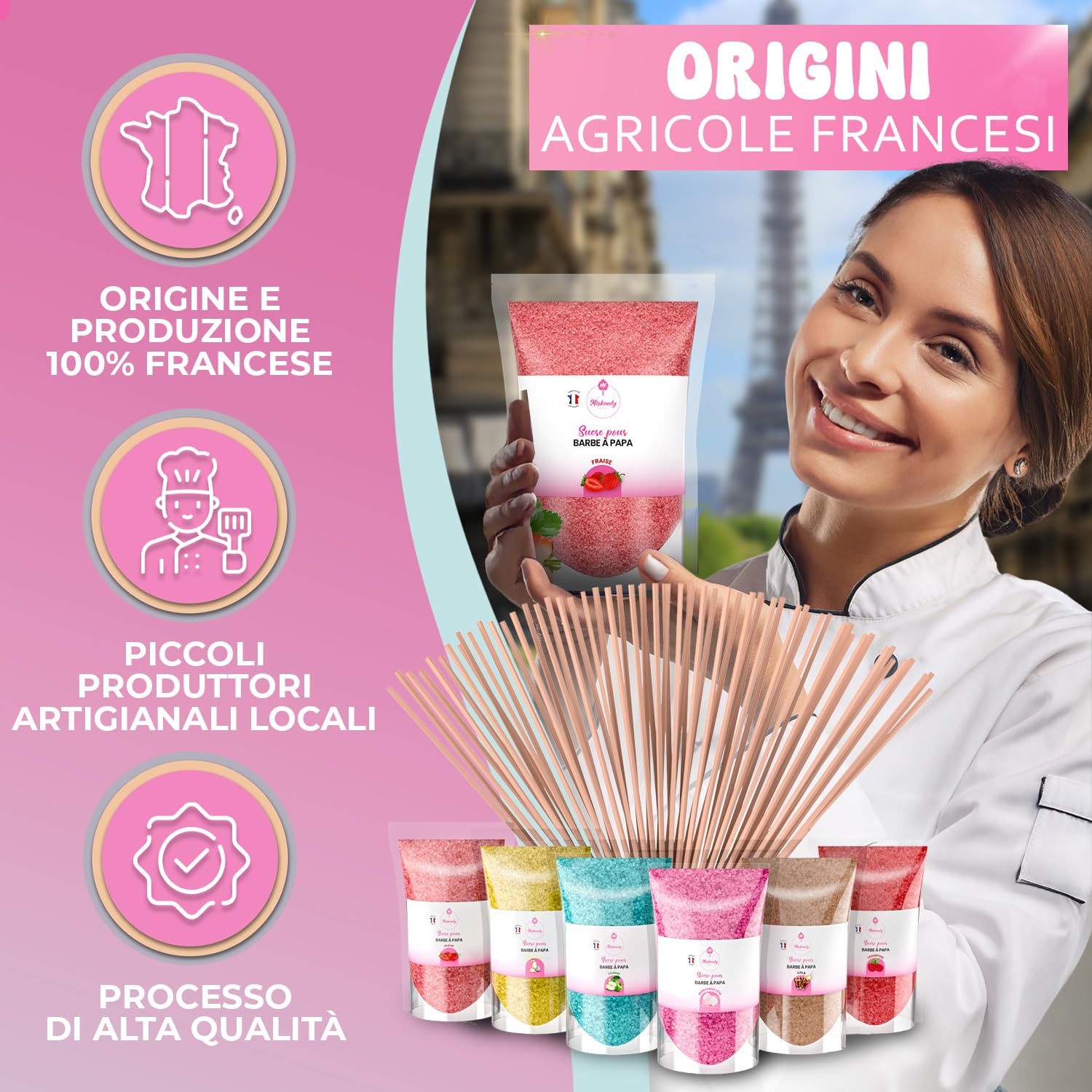 Misskandy, zucchero filato per macchina/lotto da (6 * 160g) / aromi: fragola, marshmallow, pina colada,mela, cola, lampone + 20 bastoncini