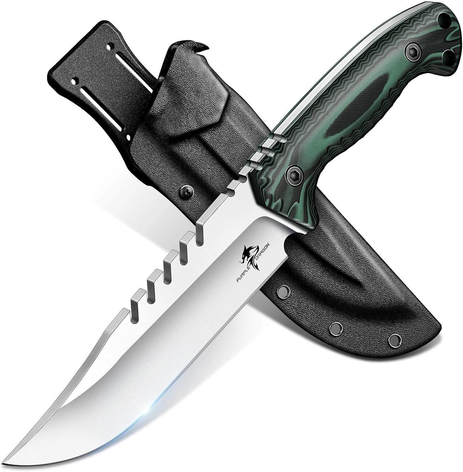 Purple Dragon Fixed Blade Knife - Forged from a Single Piece of D2 Steel - Full Tang Outdoor Knife with Kydex Sheath, Anti-Slip G10 Handle – Gift for Men - Green