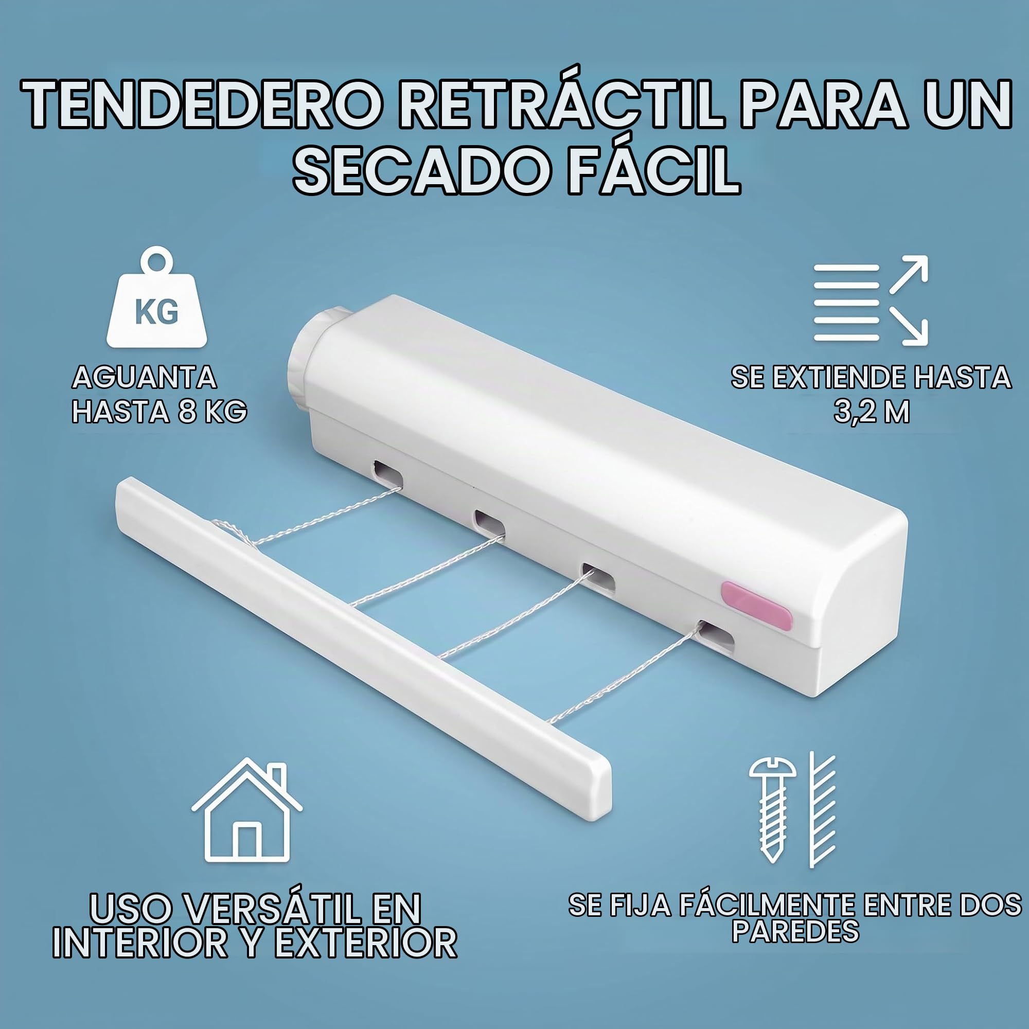 AUNMAS Tendedero Retráctil, Tendedero de Ropa Portátil Montado en la Pared Diseño Telescópico Flexible y Automático para Uso en Interiores y Exteriores (Cuatro Cuerdas)