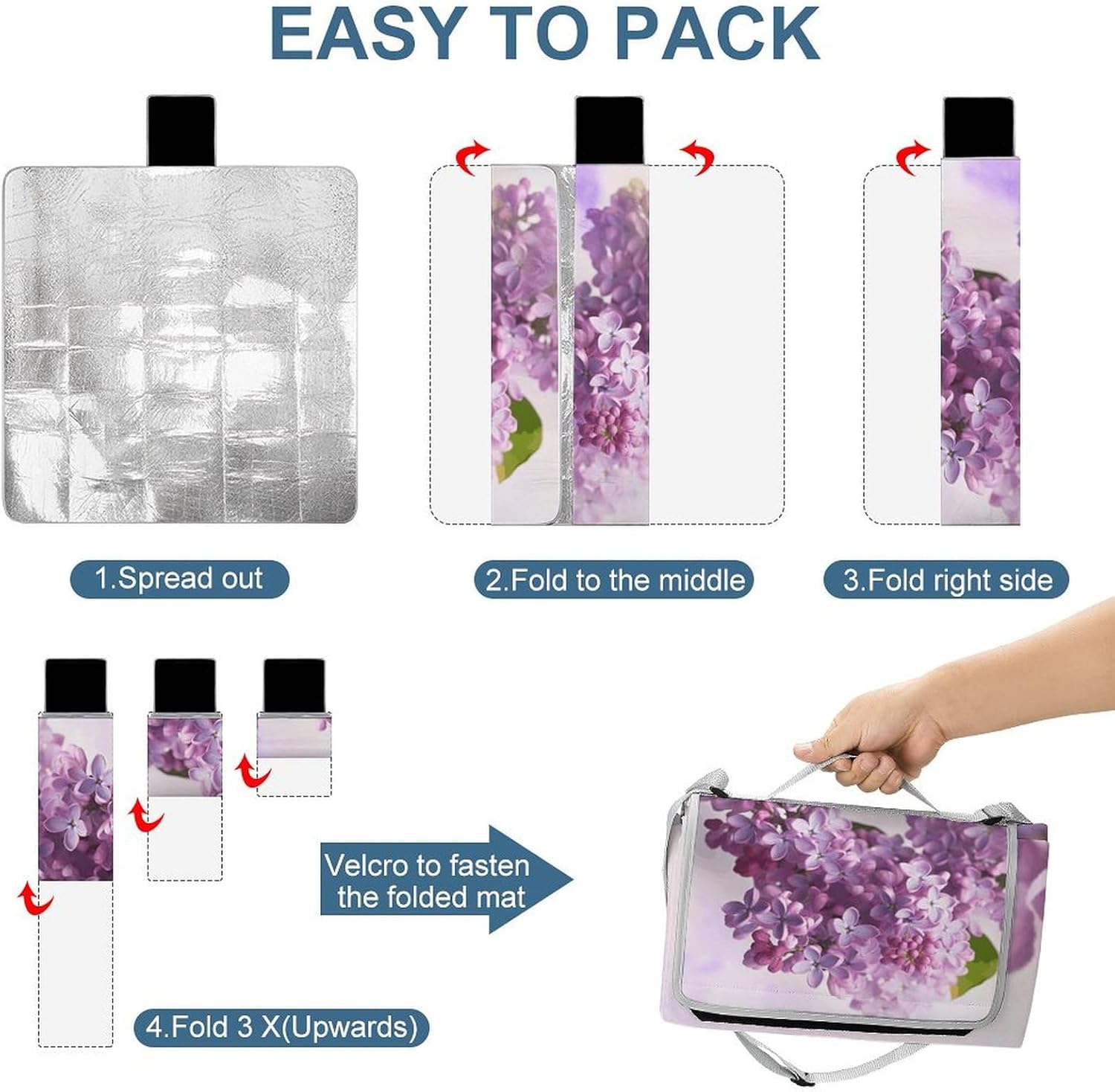 Outdoor Picnic Blanket,Lilac Flowers Print Picnic Blankets,Large Beach Blanket Sand Free Foldable Portable Camping Blanket