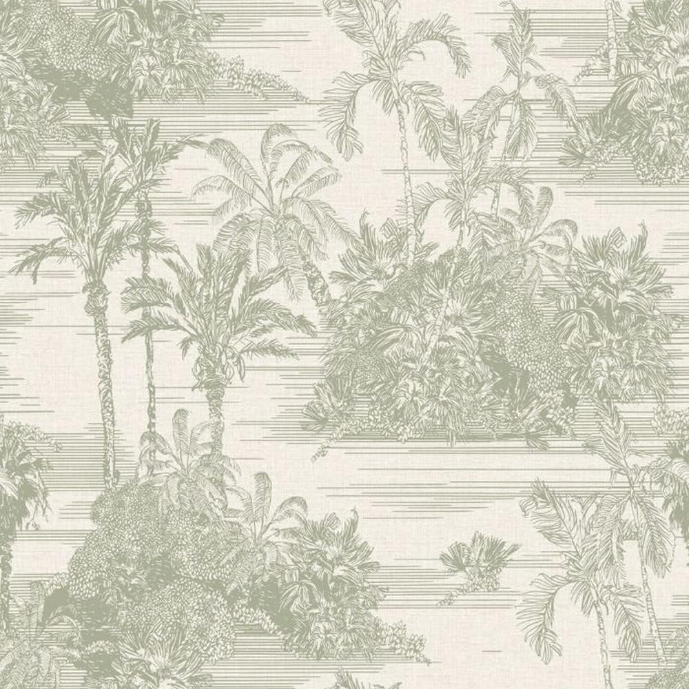 Muriva Eden Collection Tropical Toile Palm Trees Detailed Drawn Wallpaper Olive Green M37304