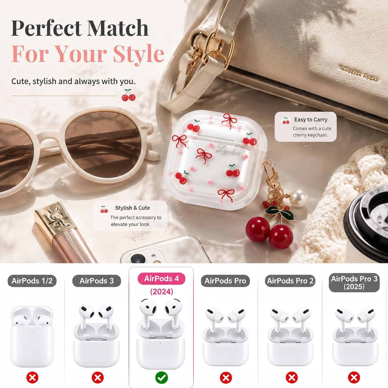 Cute Cherry Case for AirPods 4 2024 Release, Fruit Design TPU Protective Cover with Cherry Keychain & Cleaner Kit, Compatible with AirPods 4th Generation USB-C Charging Case, Gift for Women Girls image 2