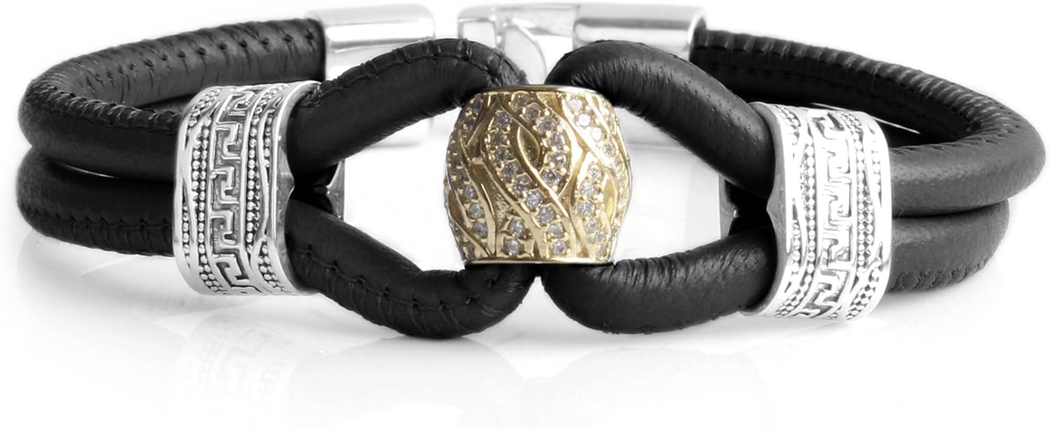 Bracelet Genuine Leather Sterling Silver Mens Find Your Fit Round E711 Black Edition