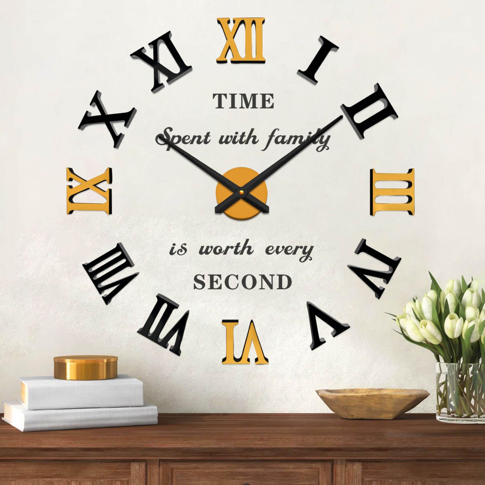 Vangold Large 3D DIY Wall Clock Roman Numerals Clock Frameless Mirror Surface Wall Sticker Home Decor for Living Room Bedroom (Black Gold)