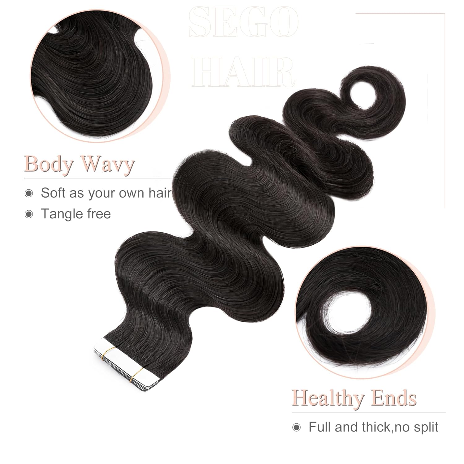 SEGO Wavy Tape In Hair Extensions Human Hair 20pcs 40g 14 Inch Natural Black Remy Seamless Skin Weft Invisible Double Sided Body Wave Human Hair Tape In Extensions for Women -#01B Natural Black