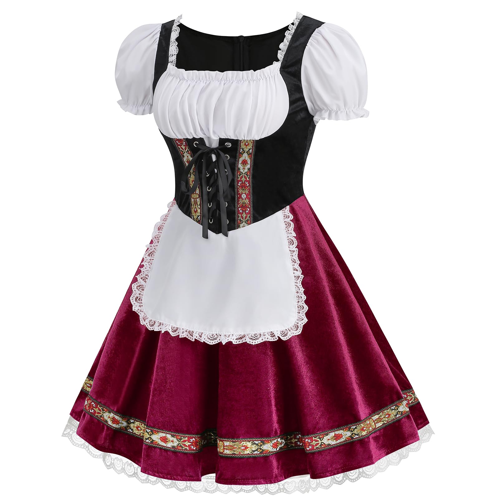 maxToonrain Oktoberfest Outfit Women,Women's German Beer Bavarnian Traditional Short Sleeve Velvet Halloween Costume Fancy Dress for Womens(Red S) - Image 2