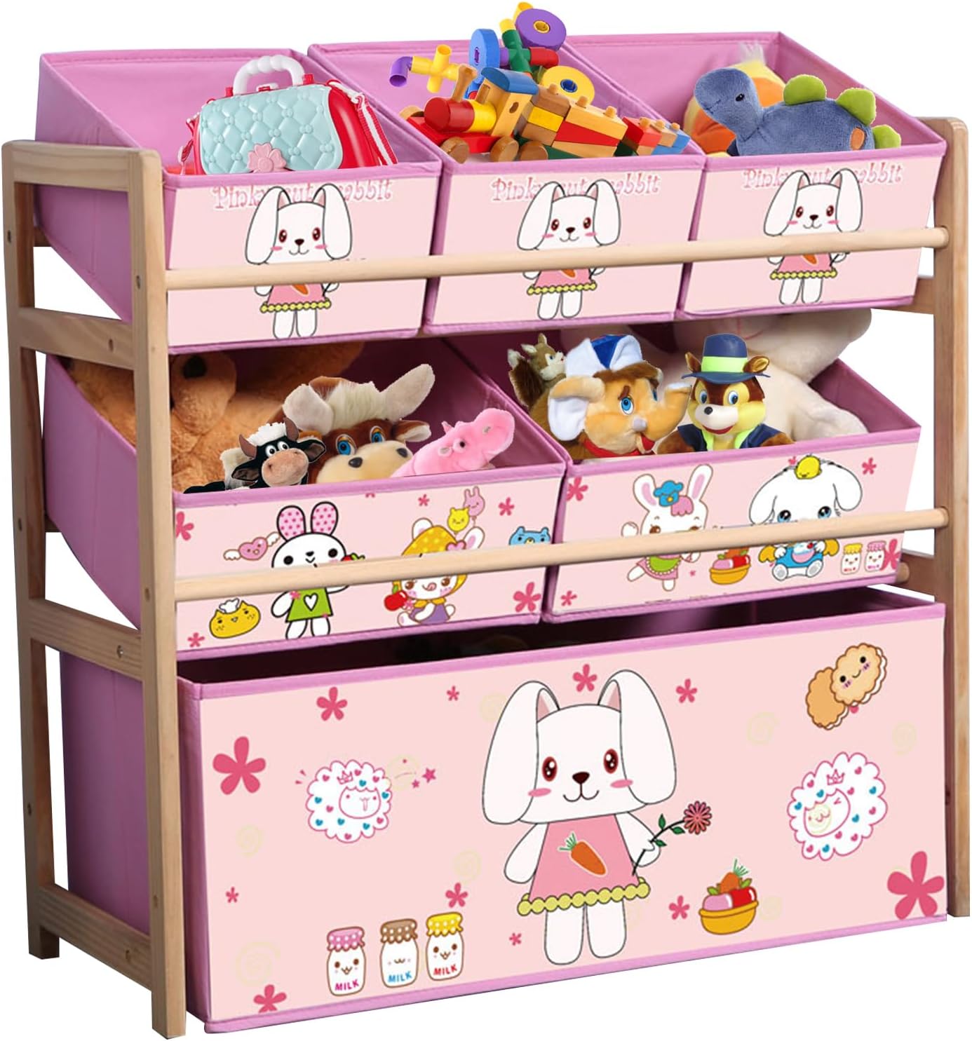 6-Bin Toy Storage Organizer, Wood Toy Chest for Children Design & Store, Kids Toy Storage Bins for Playroom, Bedroom, Closet, Home (Pink)