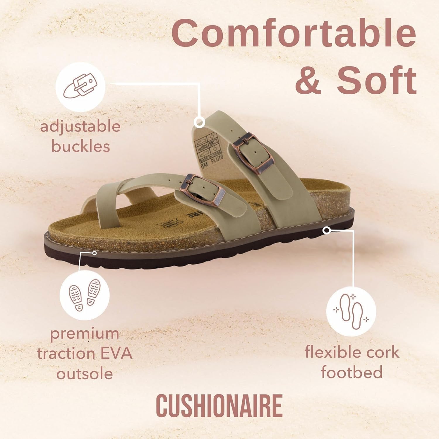 CUSHIONAIRE Pluto Cork Footbed Summer Sandals for Women Comfortable Slides with Adjustable Buckles, Toe Loop & Stitched Design – Stylish Slip On Women Footwear 9 Wide Stone image 2 of 9 B0FHRTHCR1