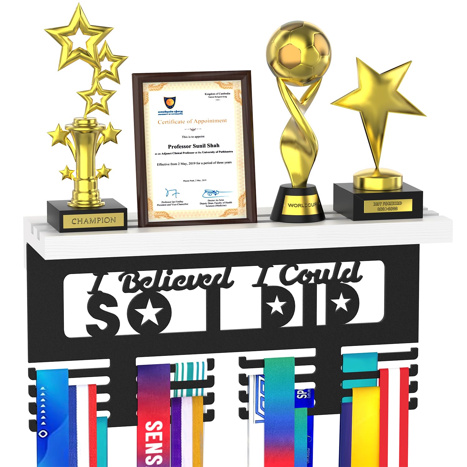 Custom Medal Hanger Display With Trophy Shelf And Personalized Text - Metal Hanger Award Rack Holds Over 70 Medals 5 Trophies - Easy To Customize & Install For Athlete Boy Girl