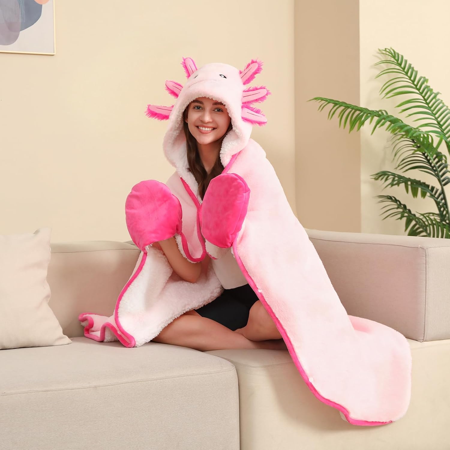 Axolotl Wearable Blanket Hoodie for Women & Kids, Premium Soft Thick Plush & Sherpa Fleece for Ultra Warmth, Pink Throw Wrap With Giant Hood, Easy Movement, Axolotl Gifts for Girls Adults, Oversized - Image 3